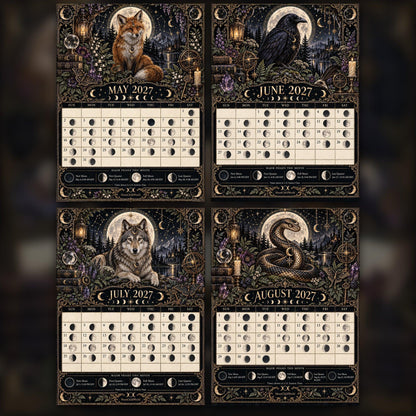 The Lunar Familiar Almanac 2027 Moon Calendar Printable - Witch Familiars Wall Calendar, Owl Raven Cat Fox, Instant Digi