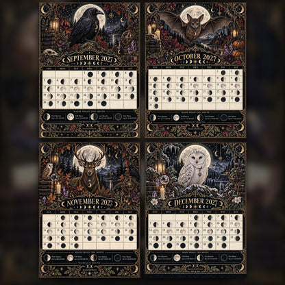 The Lunar Familiar Almanac 2027 Moon Calendar Printable - Witch Familiars Wall Calendar, Owl Raven Cat Fox, Instant Digi