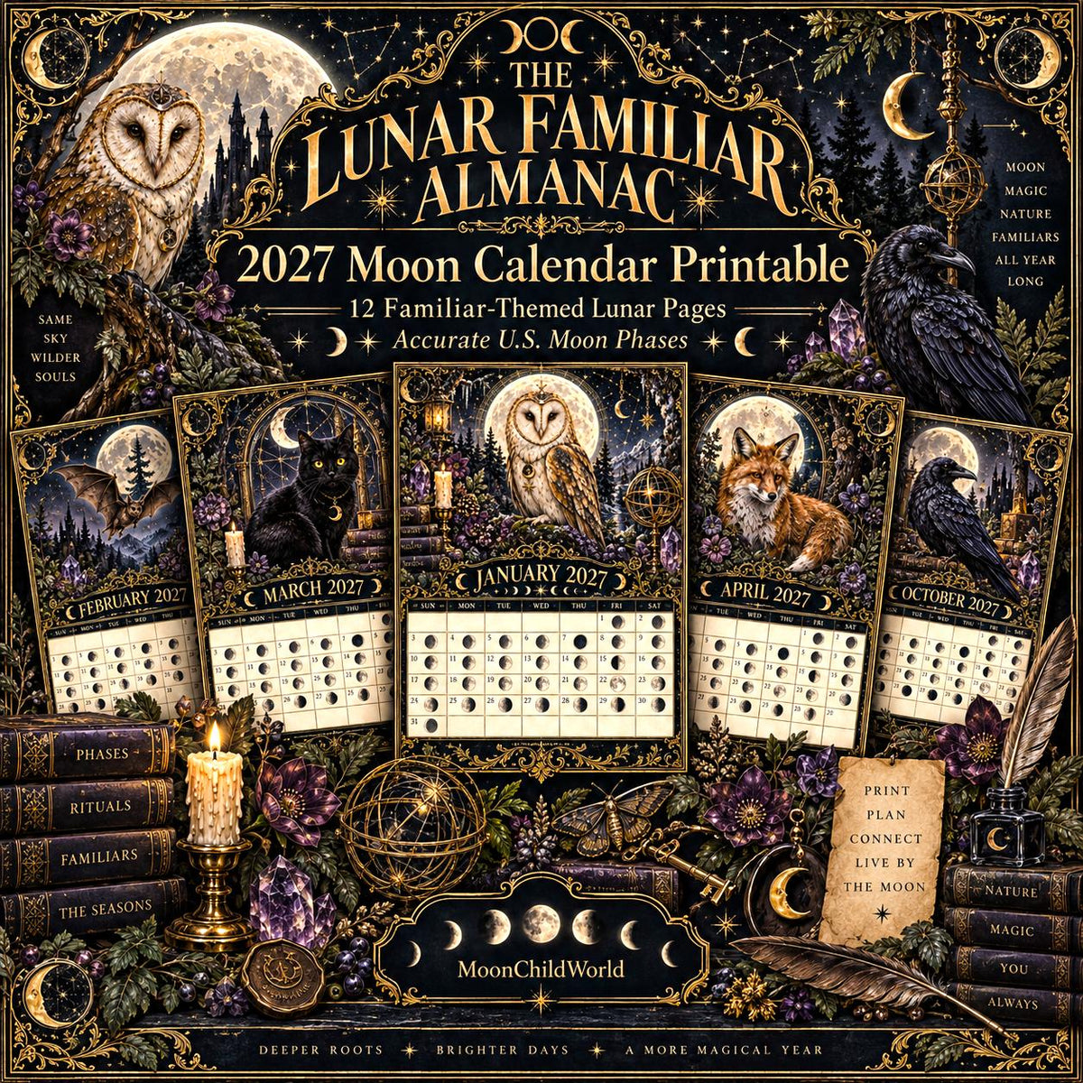 The Lunar Familiar Almanac 2027 Moon Calendar Printable - Witch Familiars Wall Calendar, Owl Raven Cat Fox, Instant Digi