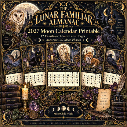 The Lunar Familiar Almanac 2027 Moon Calendar Printable - Witch Familiars Wall Calendar, Owl Raven Cat Fox, Instant Digi