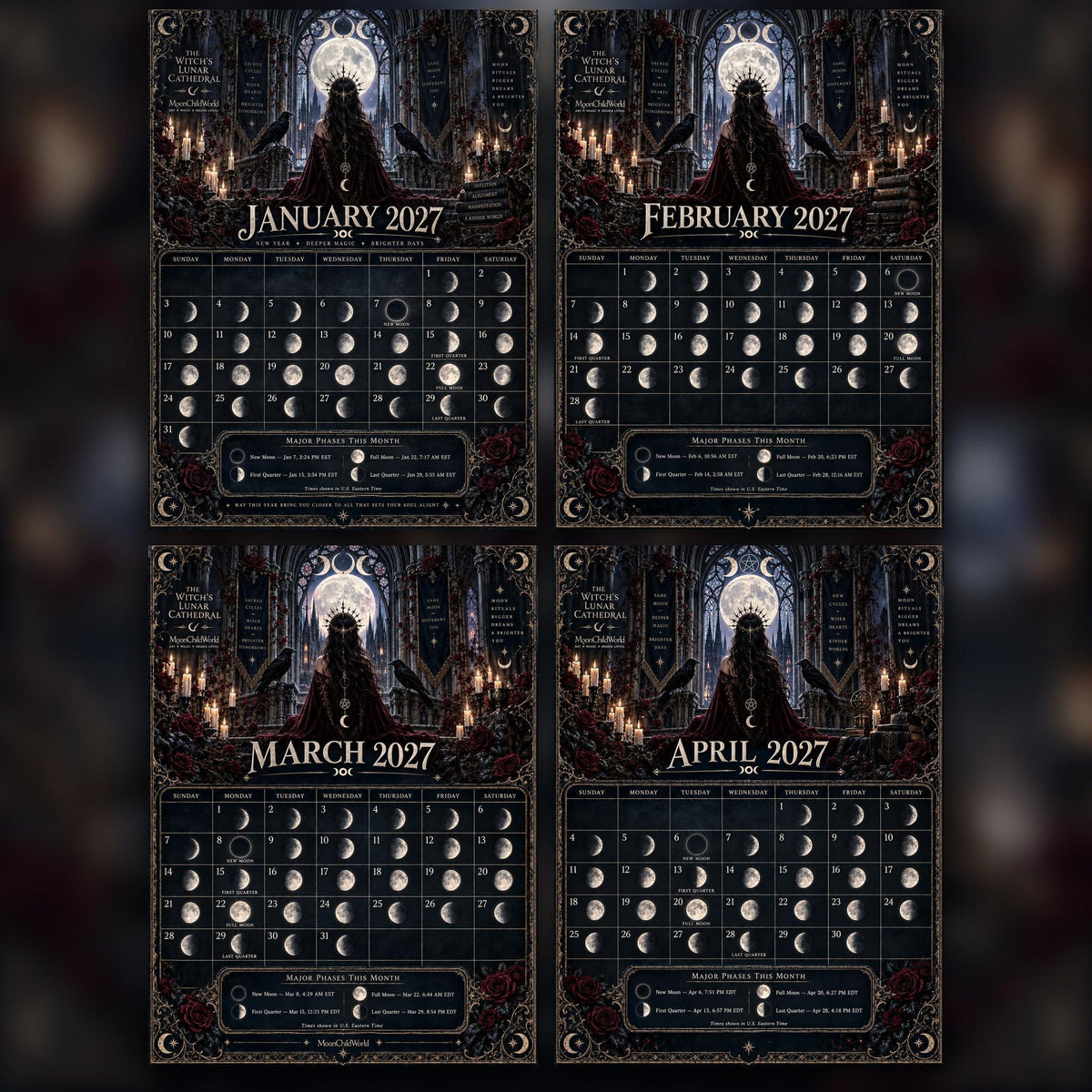 The Witch's Lunar Cathedral 2027 Moon Calendar Printable - Gothic Wall Calendar, Ravens and Moon Phases, Instant Digital