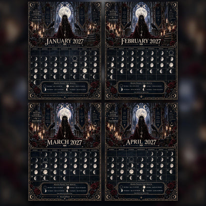 The Witch's Lunar Cathedral 2027 Moon Calendar Printable - Gothic Wall Calendar, Ravens and Moon Phases, Instant Digital