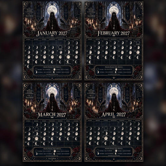 The Witch's Lunar Cathedral 2027 Moon Calendar Printable - Gothic Wall Calendar, Ravens and Moon Phases, Instant Digital