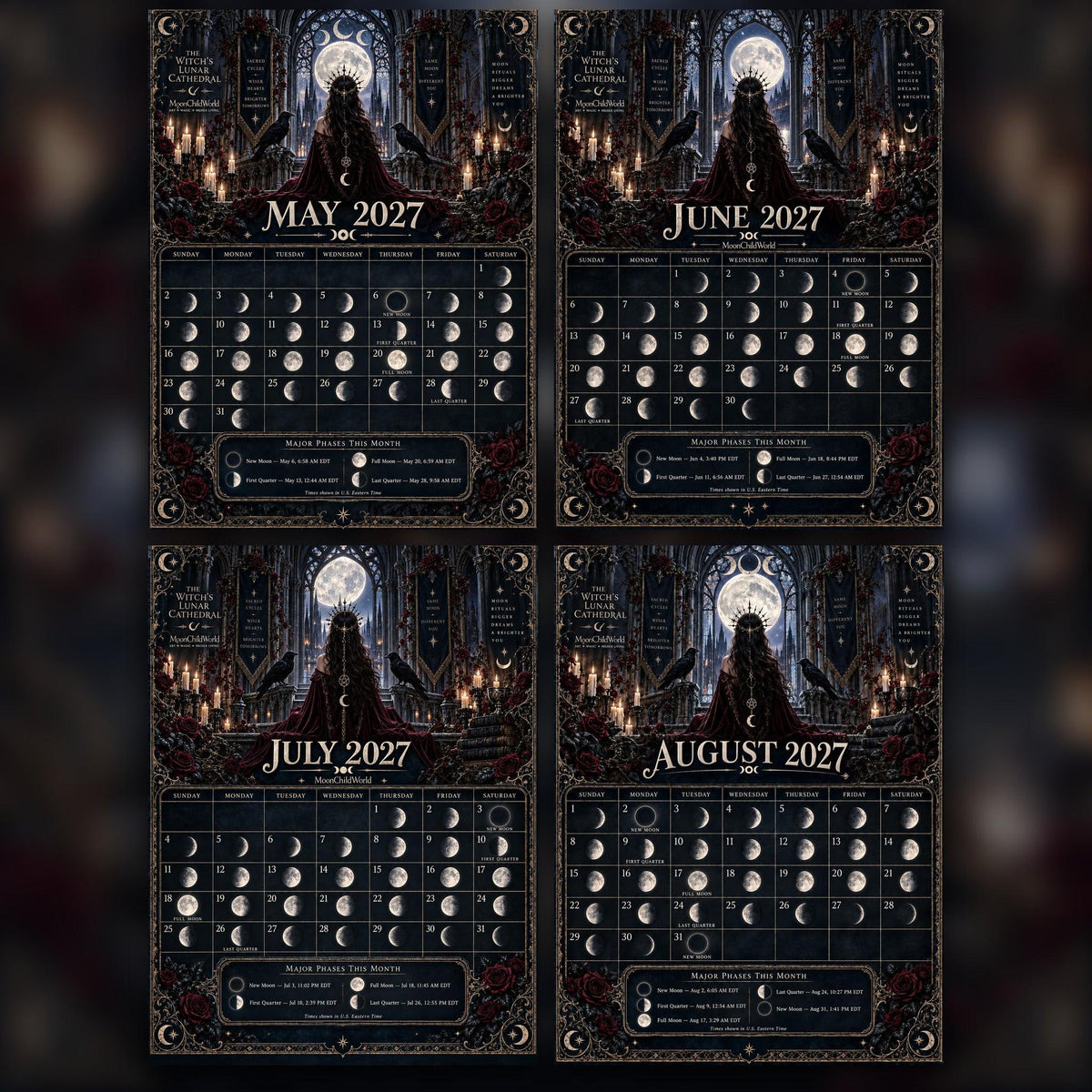 The Witch's Lunar Cathedral 2027 Moon Calendar Printable - Gothic Wall Calendar, Ravens and Moon Phases, Instant Digital