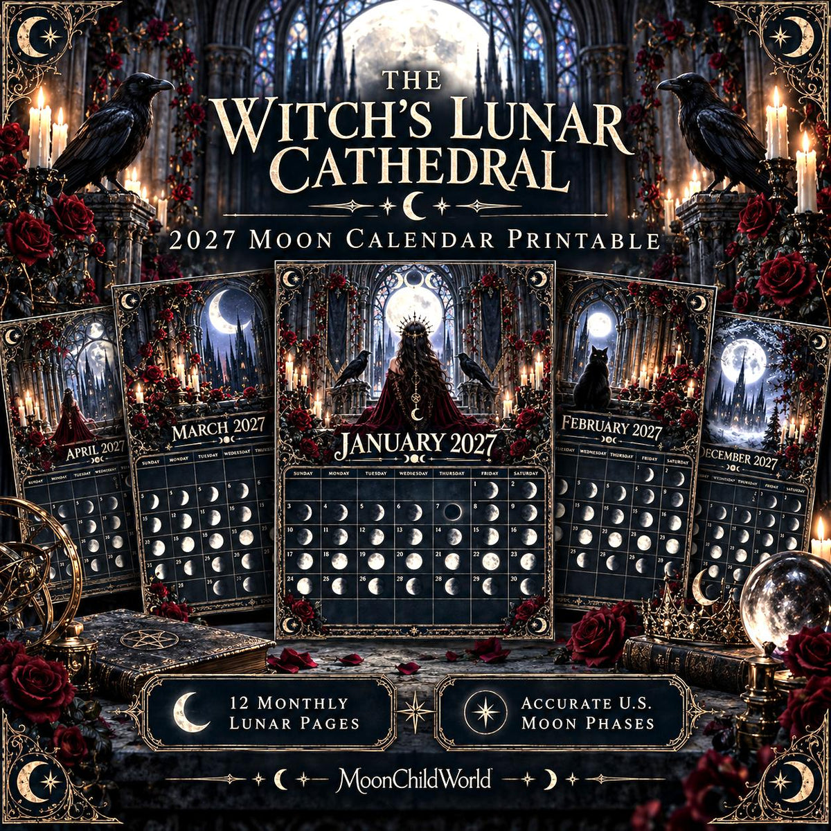 The Witch's Lunar Cathedral 2027 Moon Calendar Printable - Gothic Wall Calendar, Ravens and Moon Phases, Instant Digital