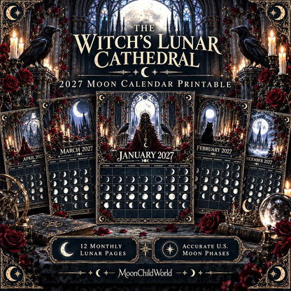 The Witch's Lunar Cathedral 2027 Moon Calendar Printable - Gothic Wall Calendar, Ravens and Moon Phases, Instant Digital