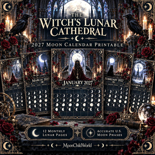 The Witch's Lunar Cathedral 2027 Moon Calendar Printable - Gothic Wall Calendar, Ravens and Moon Phases, Instant Digital