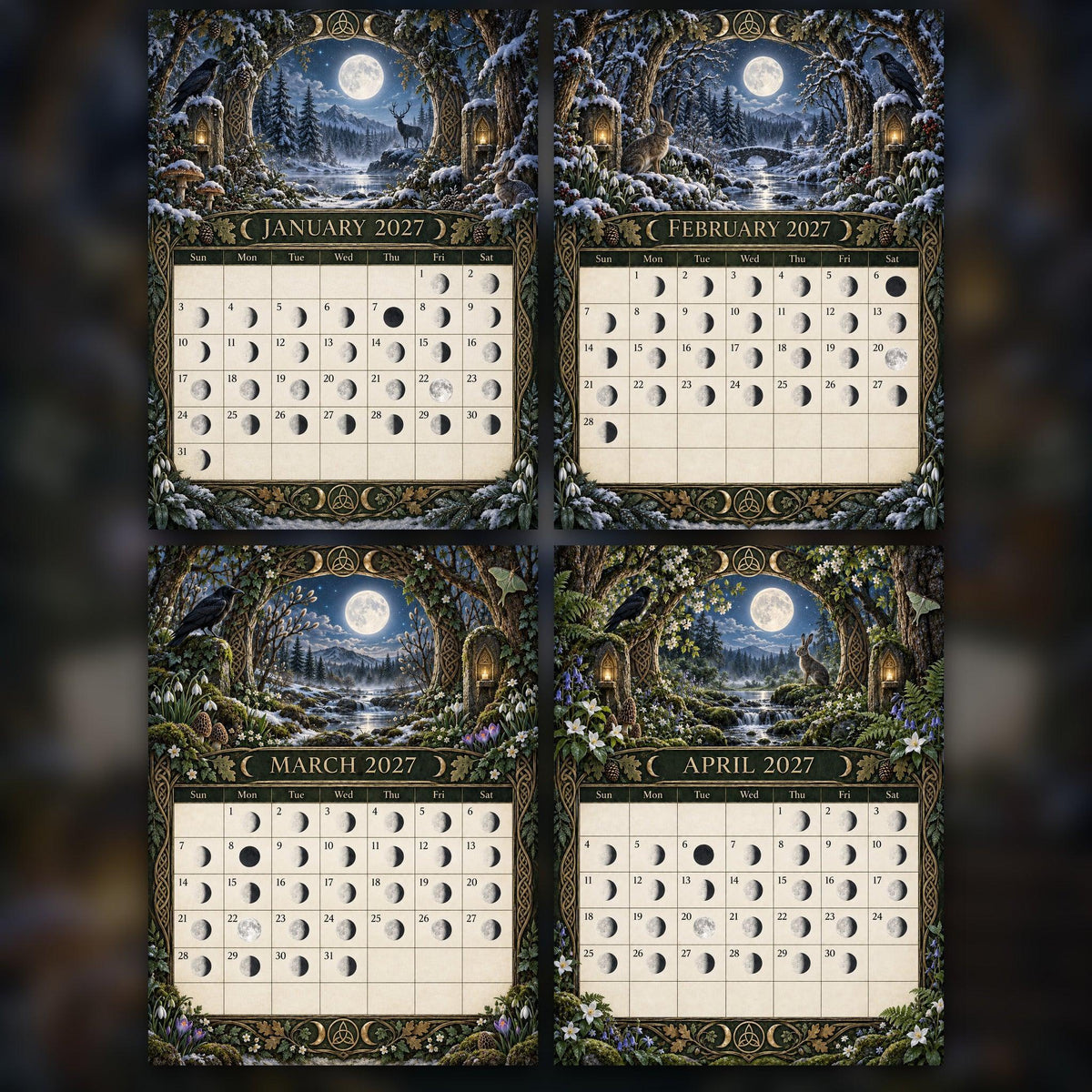 Twelve Moons of the Enchanted Forest 2027 Moon Calendar Printable - Pagan Seasonal Wall Calendar, Instant Digital Downlo