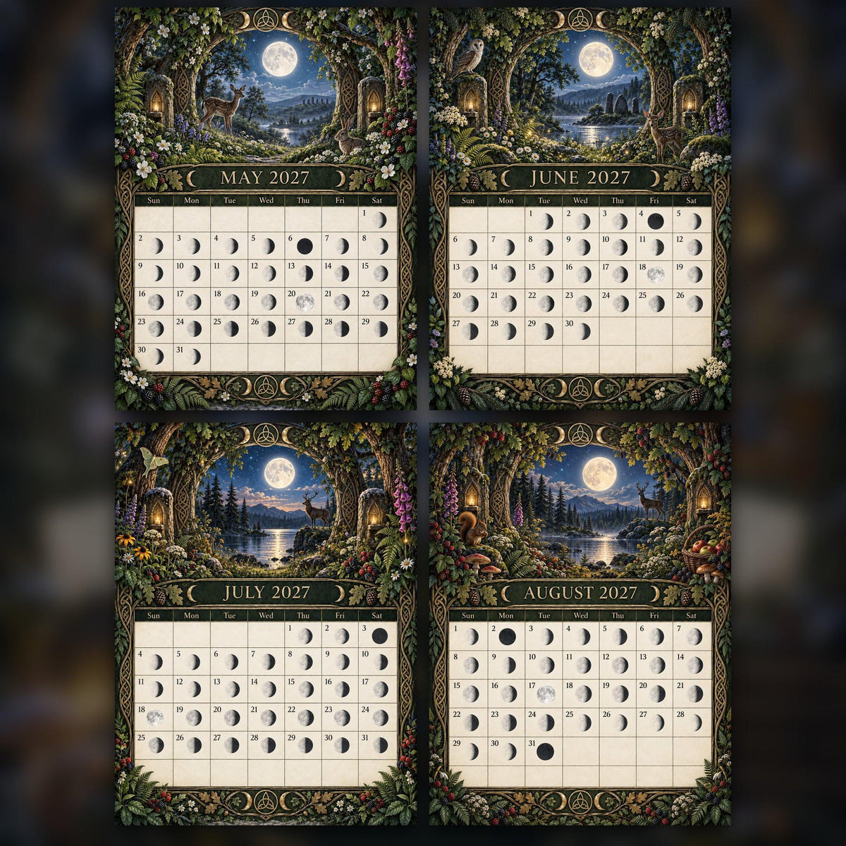 Twelve Moons of the Enchanted Forest 2027 Moon Calendar Printable - Pagan Seasonal Wall Calendar, Instant Digital Downlo