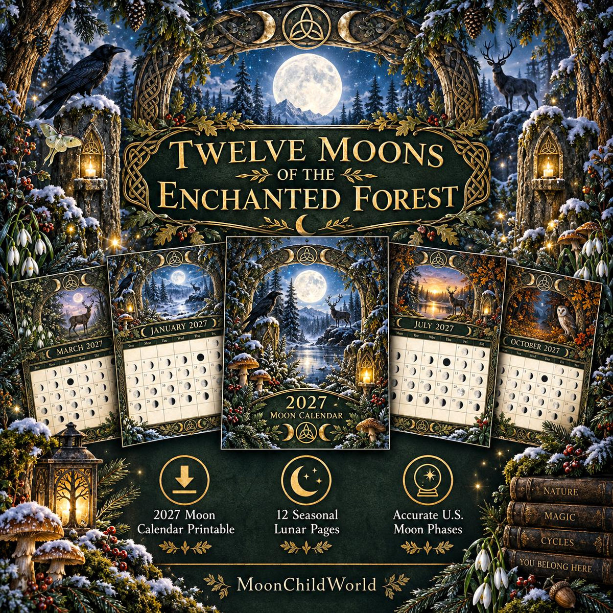Twelve Moons of the Enchanted Forest 2027 Moon Calendar Printable - Pagan Seasonal Wall Calendar, Instant Digital Downlo
