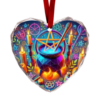 Magick Pentacle Witch Cauldron Wicca Yule Heart-Shaped Crystal Glass Ornament