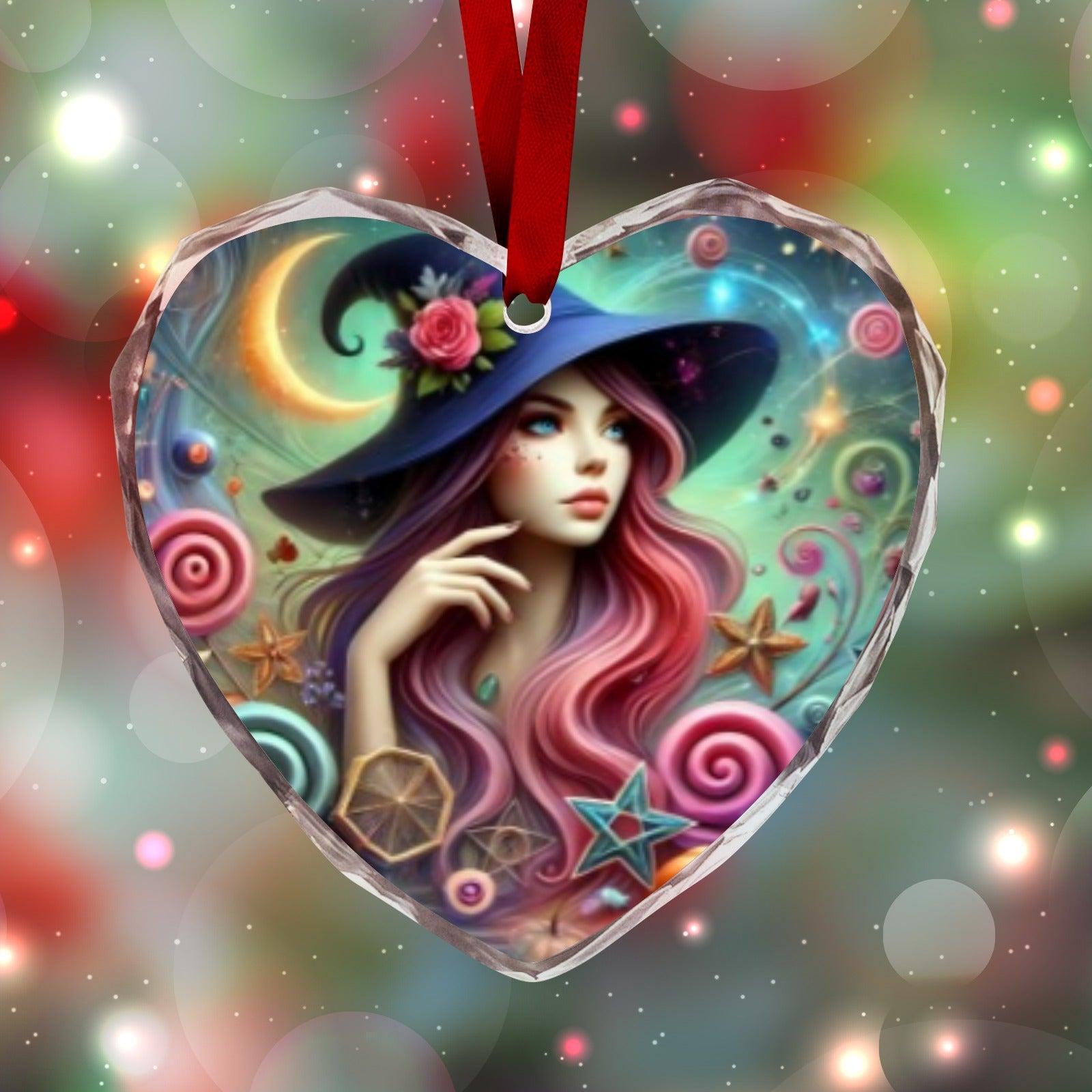 Moon Witch Christmas Heart-Shaped Crystal Glass Ornament-MoonChildWorld