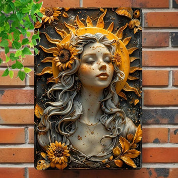 Sunflower Girl Sun Goddess Metal Sign Celestial Home Decor