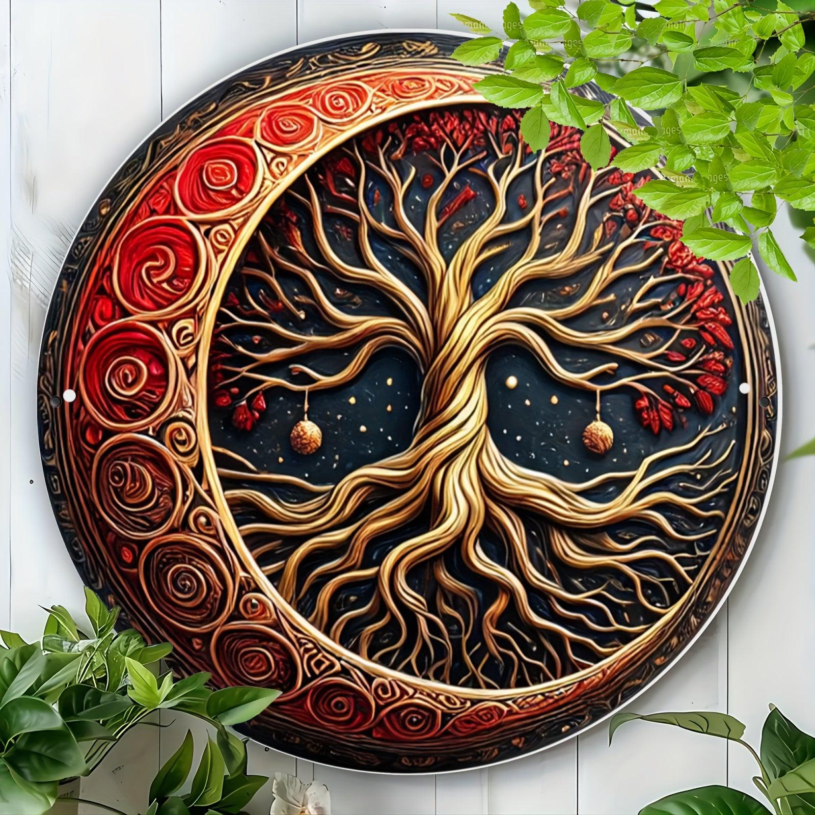 Red Golden Moon Tree Wall Art Tree of life Metal Sign Pagan Yule Home Decor-MoonChildWorld