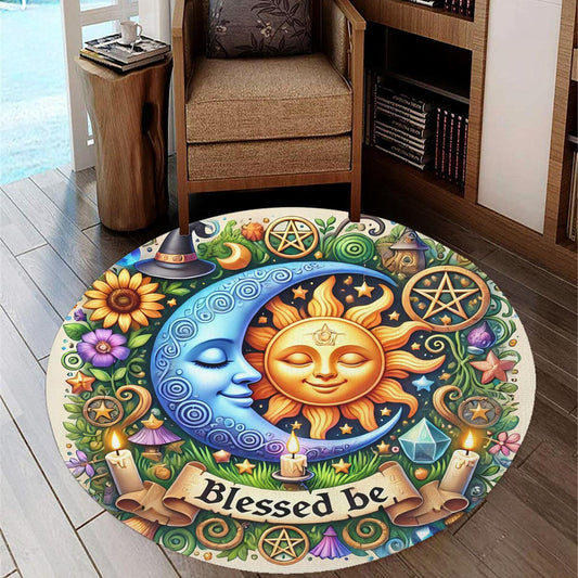Wicca Sun Moon Round Rug Sun Moon Goddess Carpet for Pagan Home Decor