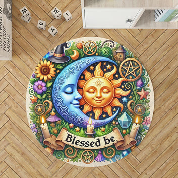 Wicca Sun Moon Round Rug Sun Moon Goddess Carpet for Pagan Home Decor