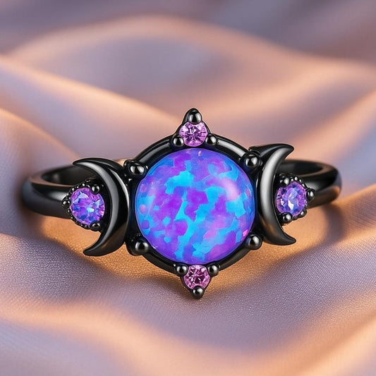 Purple Crystal Triple Moon Black Rings for Wiccan - Pagan Jewelry