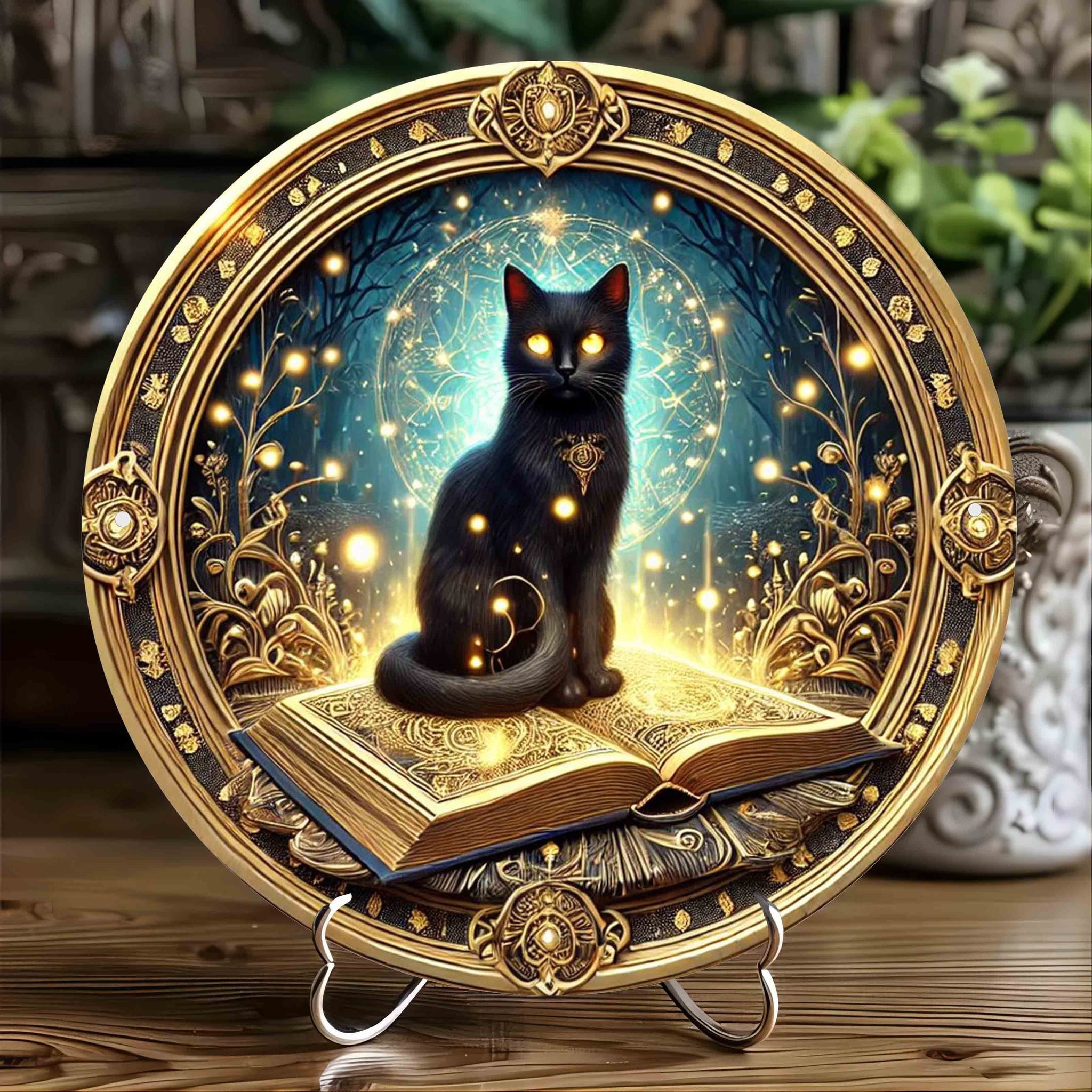 Mystic Black Cat On Magic Book Metal Sign Wicca Home Decor-MoonChildWorld