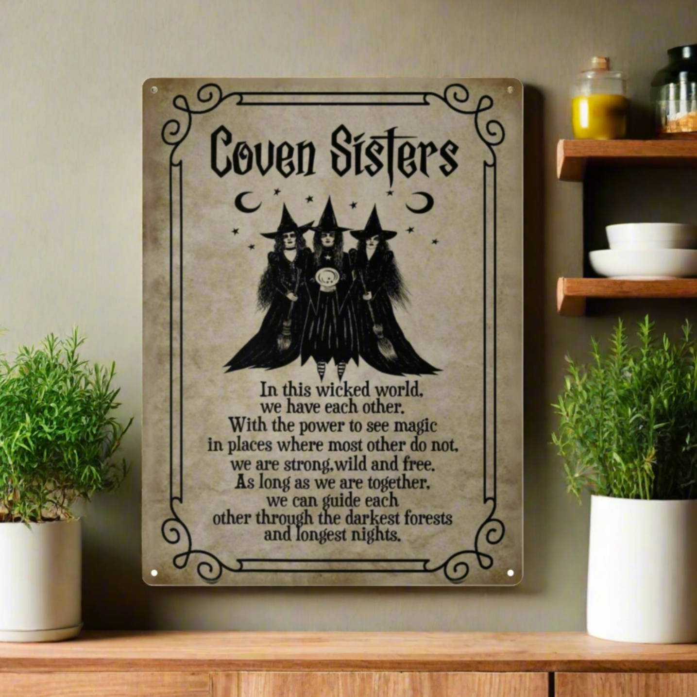 Coven Sisters Witch Metal Sign-MoonChildWorld