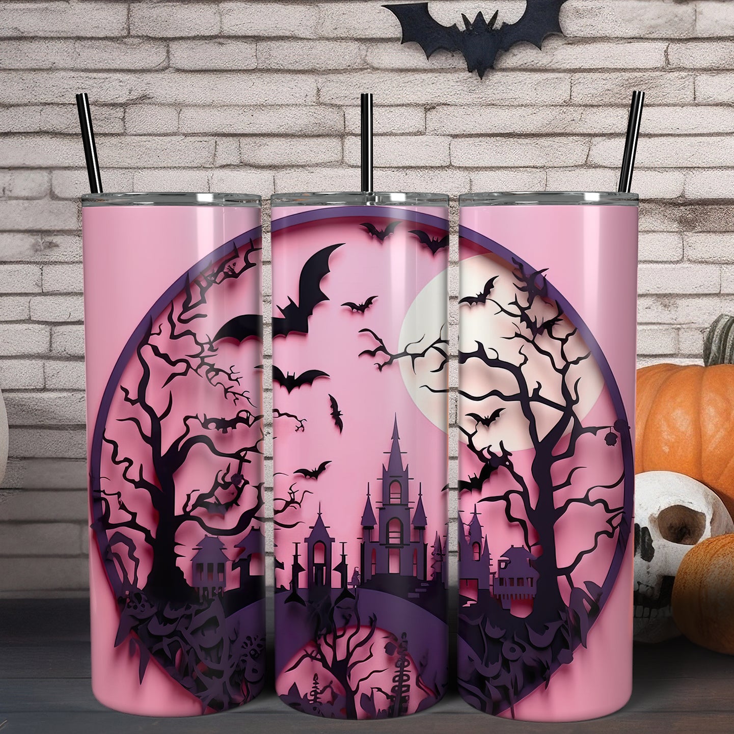 Pink Halloween Gothic Skinny Tumbler with Lid and Straw-MoonChildWorld