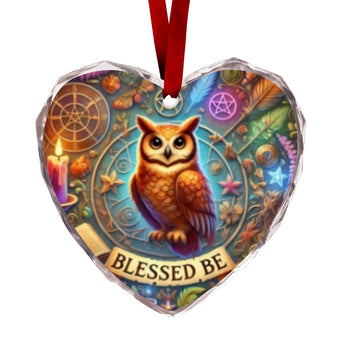 Wicca Owl Blessed Yule Witchy Christmas Heart-Shaped Crystal Glass Ornament