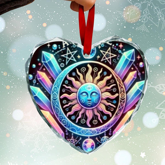 Sun Goddess Pentagram Wicca Christmas Heart-Shaped Crystal Glass Ornament