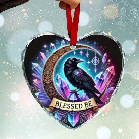 Wicca Raven Gothic Crow Christmas Heart-Shaped Crystal Glass Ornament