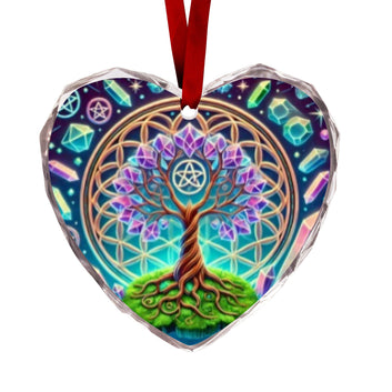 Pagan Celtic Tree of Life Wicca Yule Heart-Shaped Crystal Glass Ornament