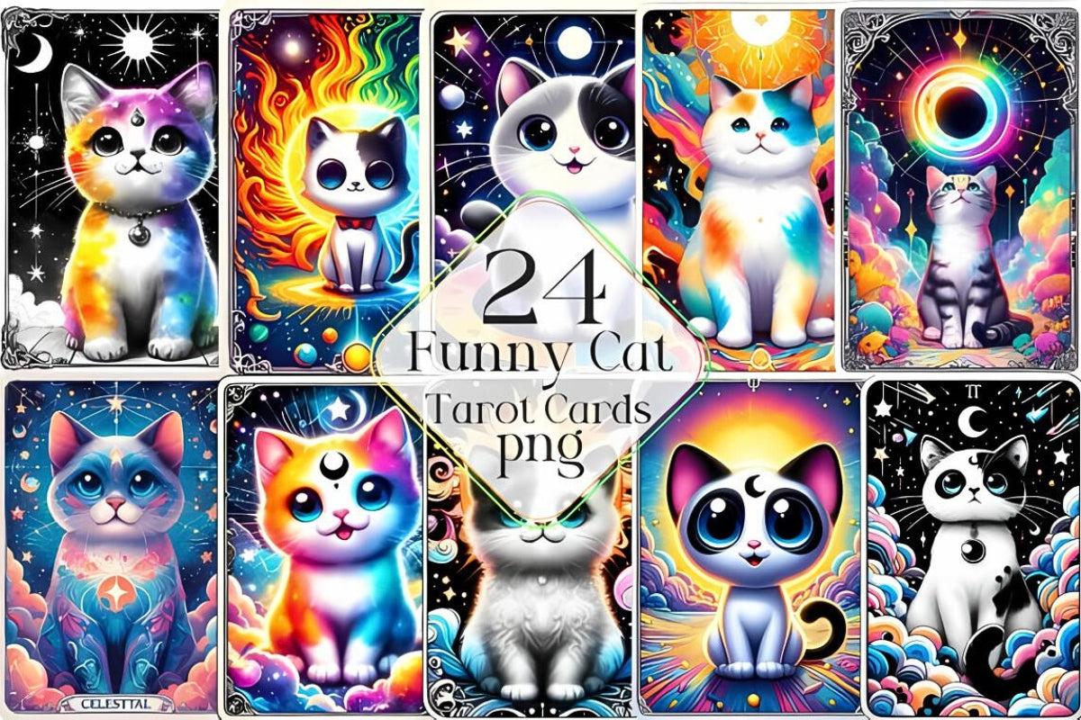 24 Funny Cat Tarot Cards Digital File-MoonChildWorld