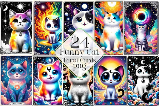 24 Funny Cat Tarot Cards Digital File-MoonChildWorld