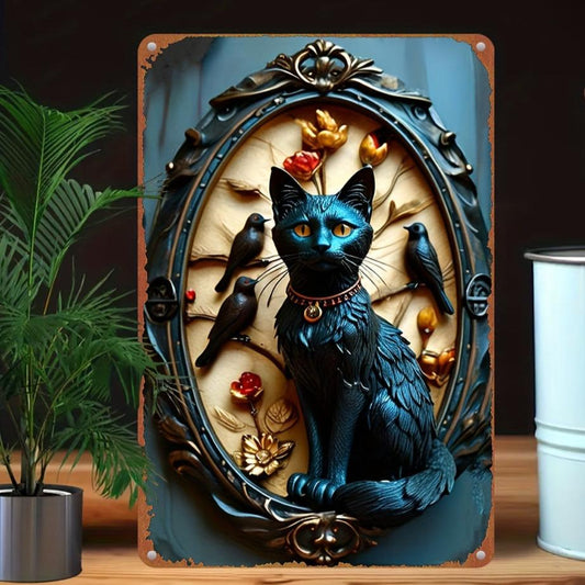 Ravens and Black Cat Metal Tin Sign Occult Cat Wall Art for Gothic Decor