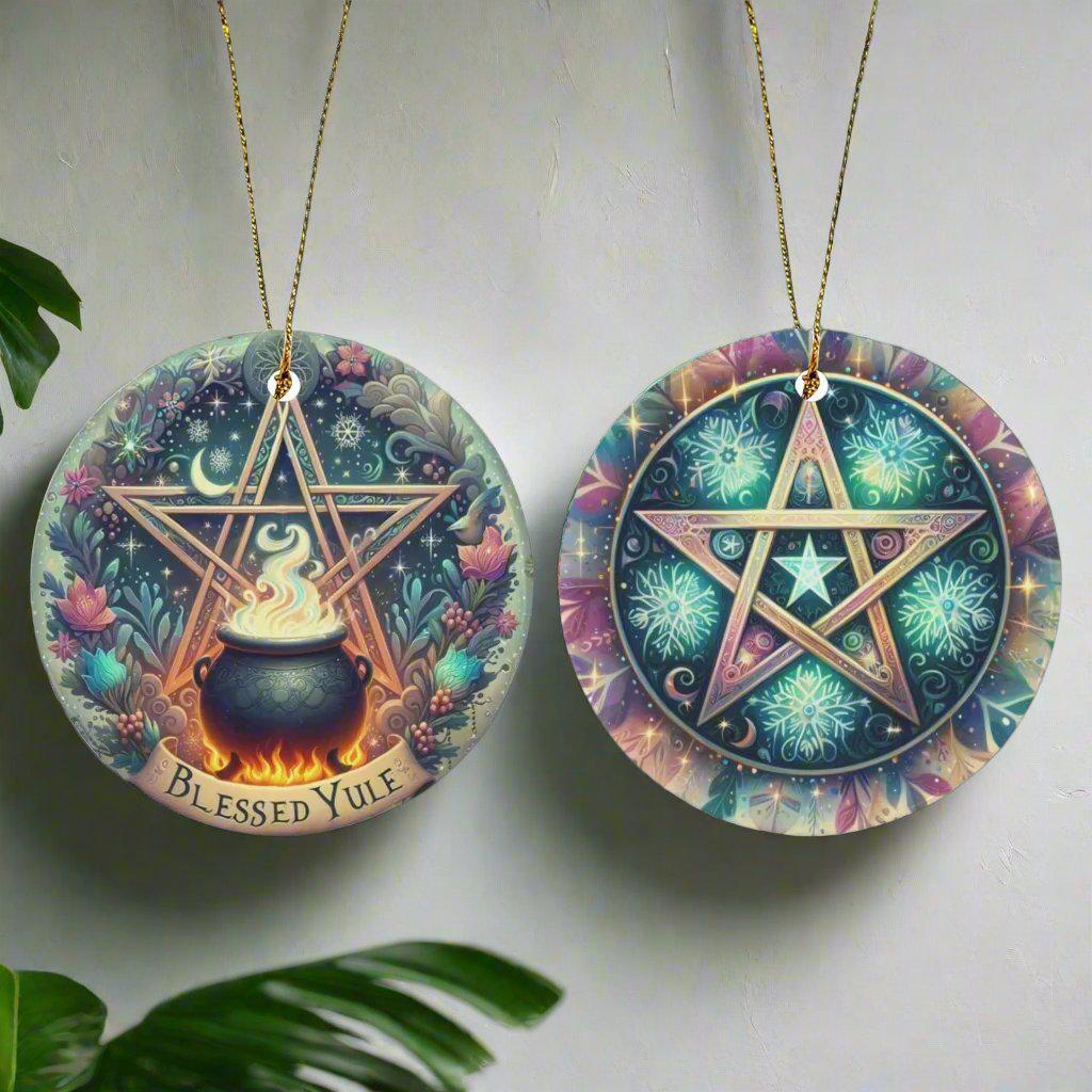 Cauldron Pentagram Wicca Ceramic Christmas Ornament-MoonChildWorld