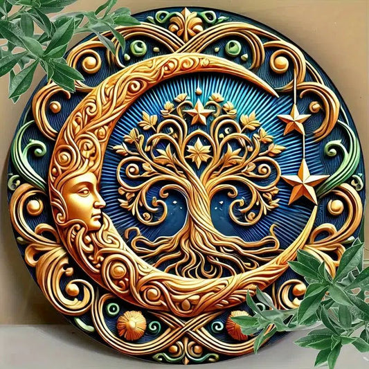 Celestial Star Moon and Tree of Life Metal Sign