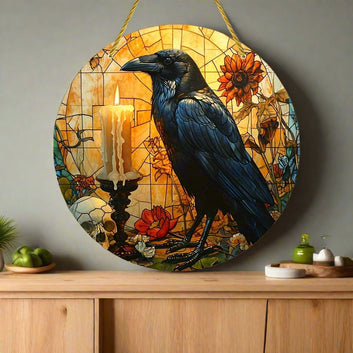 Halloween Dark Crow Suncatcher Gothic Raven Acrylic Round Sign