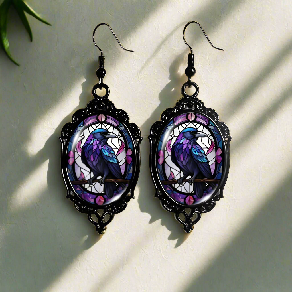 Halloween Black Raven Earrings Gothic Crow Glass Earrings Witch Jewelry-MoonChildWorld