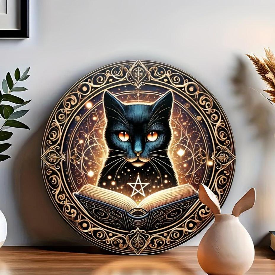 Witchy Black Cat Metal Sign for Halloween Wall Decor-MoonChildWorld