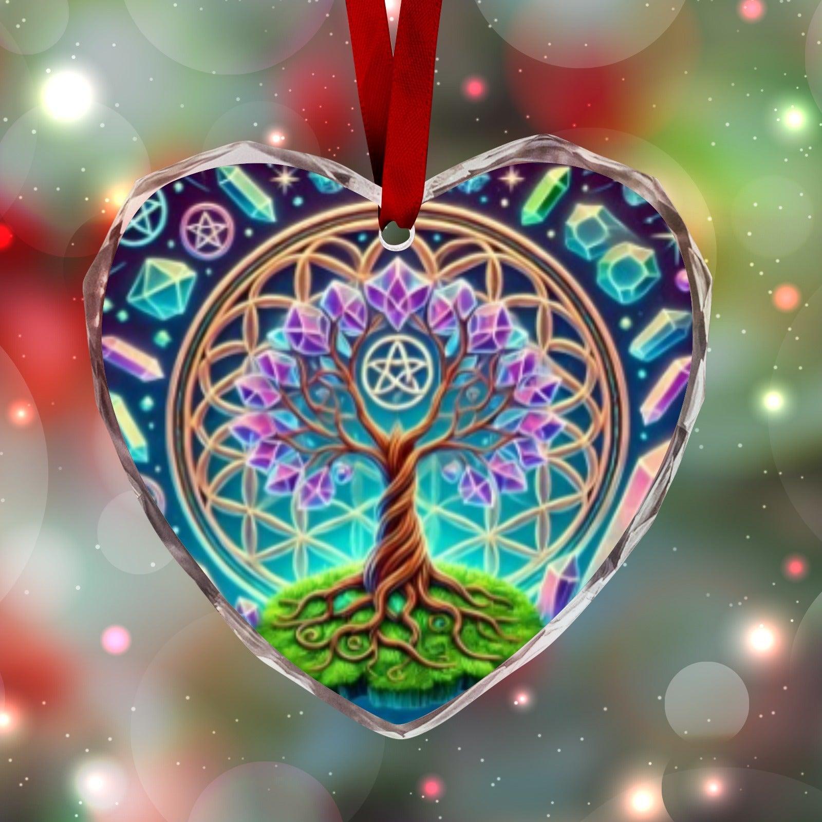 Pagan Celtic Tree of Life Wicca Yule Heart-Shaped Crystal Glass Ornament-MoonChildWorld