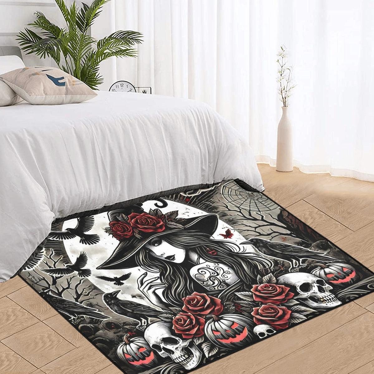 Skull Raven and Dark Witch Area Rug Gothic Witch Carpet for Halloween-MoonChildWorld