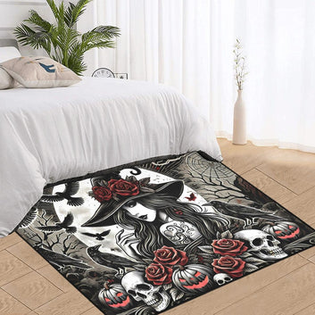 Skull Raven and Dark Witch Area Rug Gothic Witch Carpet for Halloween