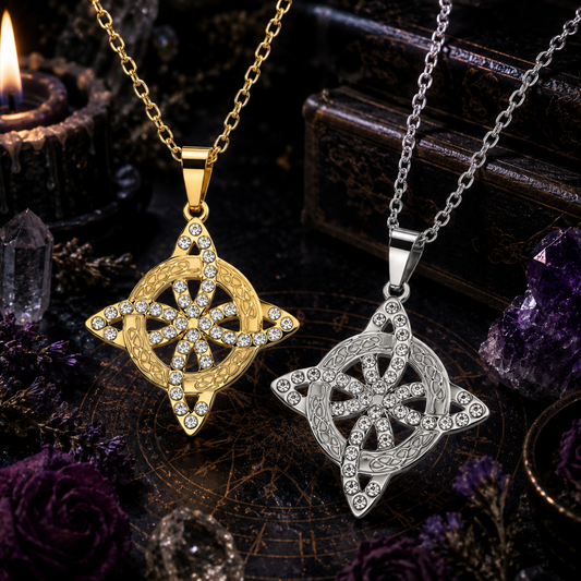 Two witch knot necklaces, one gold and one silver, on chains against a mystical background with candles and crystals.