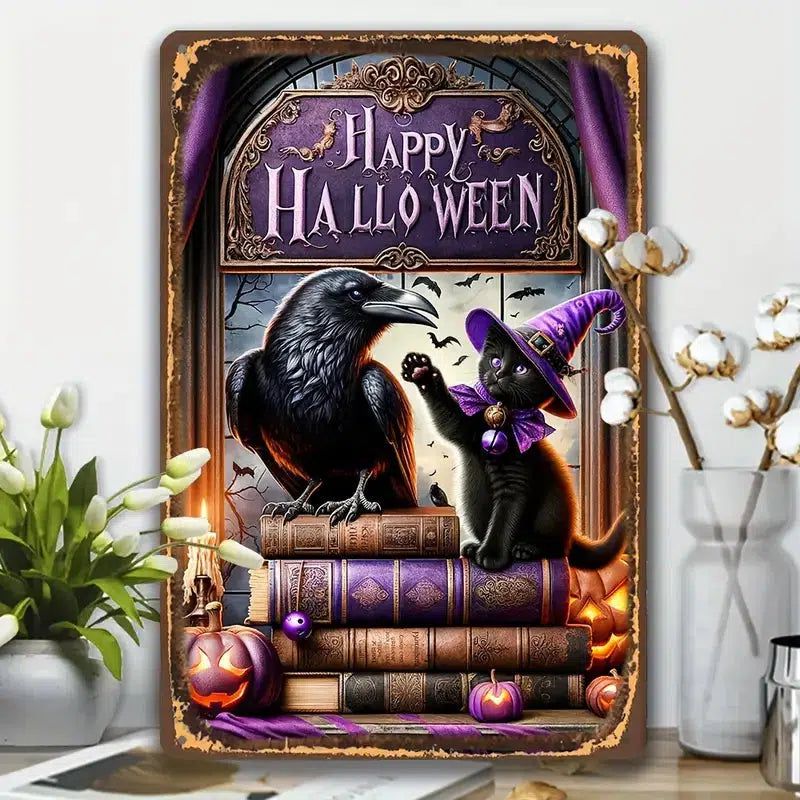 Gothic Raven and Black Cat Metal Sign Wall Decor Halloween Welcome Sign-MoonChildWorld