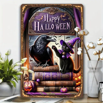 Gothic Raven and Black Cat Metal Sign Wall Decor Halloween Welcome Sign