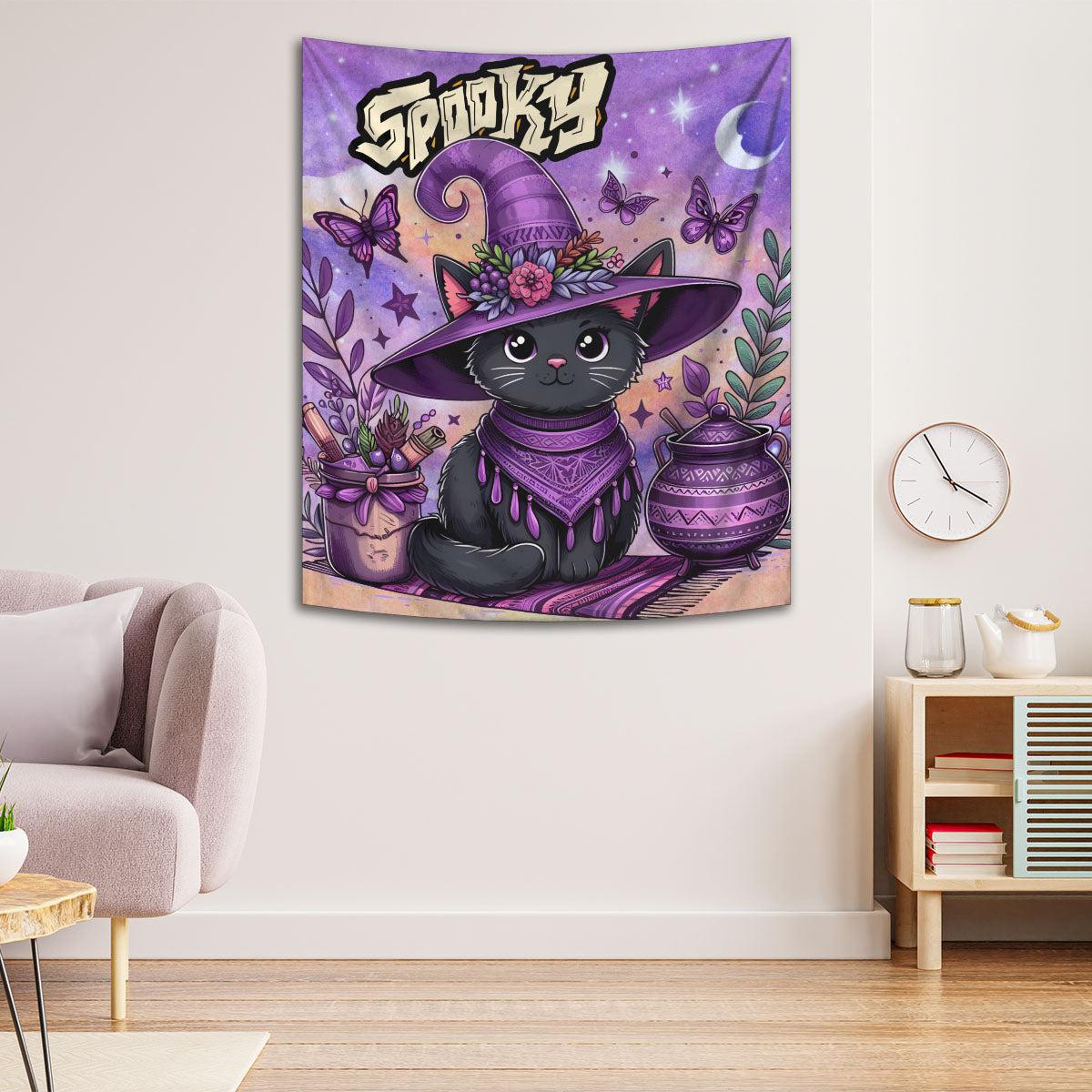 Witchy Cat Tapestry Spooky Wall Hanging for Halloween-MoonChildWorld