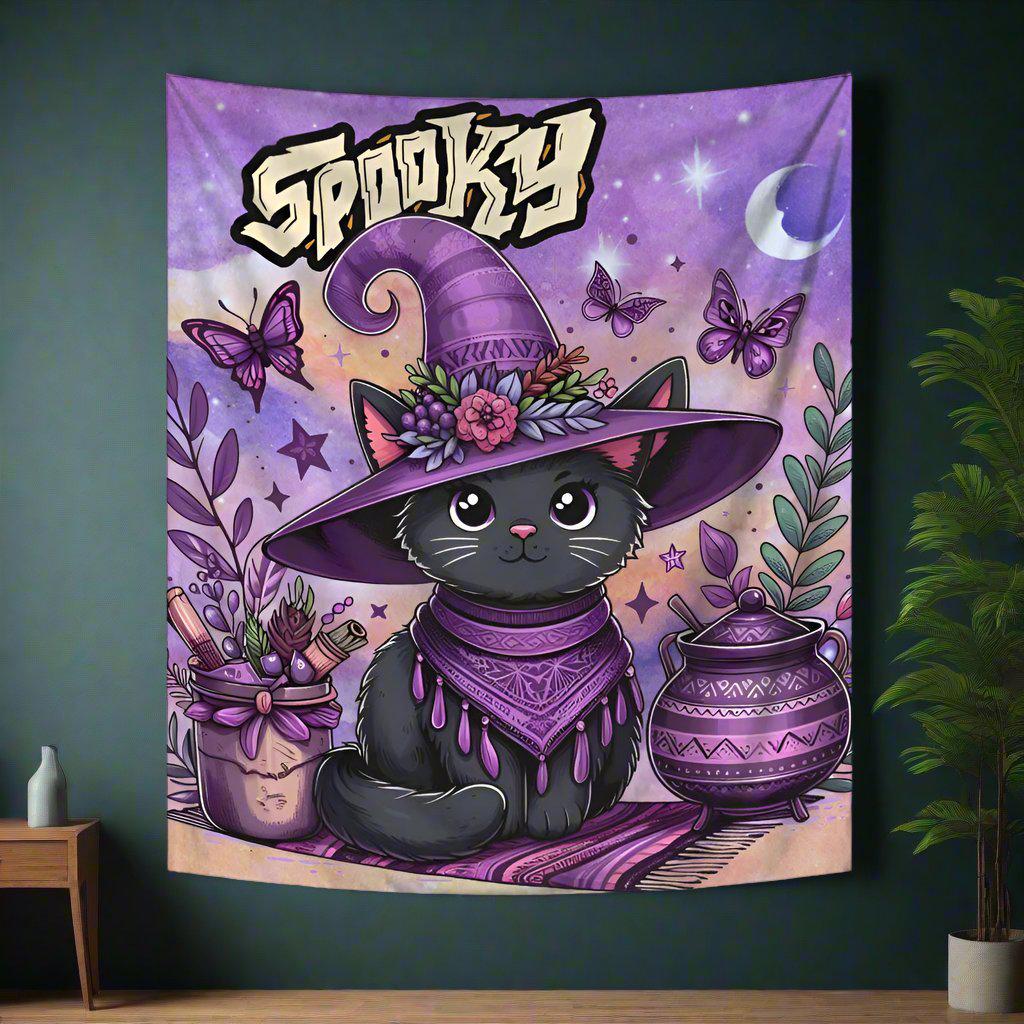 Witchy Cat Tapestry Spooky Wall Hanging for Halloween-MoonChildWorld