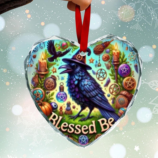 Witchy Raven Gothic Crow Christmas Heart-Shaped Crystal Glass Ornament