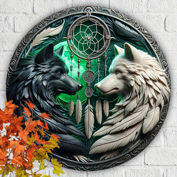 Dreamcatcher Wolf Metal Sign Black and White Wolves Wall Sign-MoonChildWorld