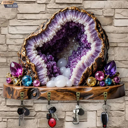 2D Amethyst Gemstone Wicca Wood Key Rack - Healing Crystal Key Holder 4 Metal Hooks for Witch Decor-MoonChildWorld