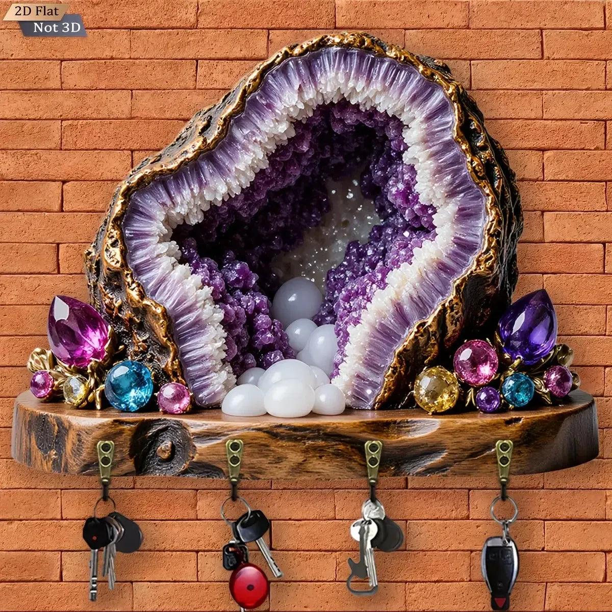 2D Amethyst Gemstone Wicca Wood Key Rack - Healing Crystal Key Holder 4 Metal Hooks for Witch Decor-MoonChildWorld