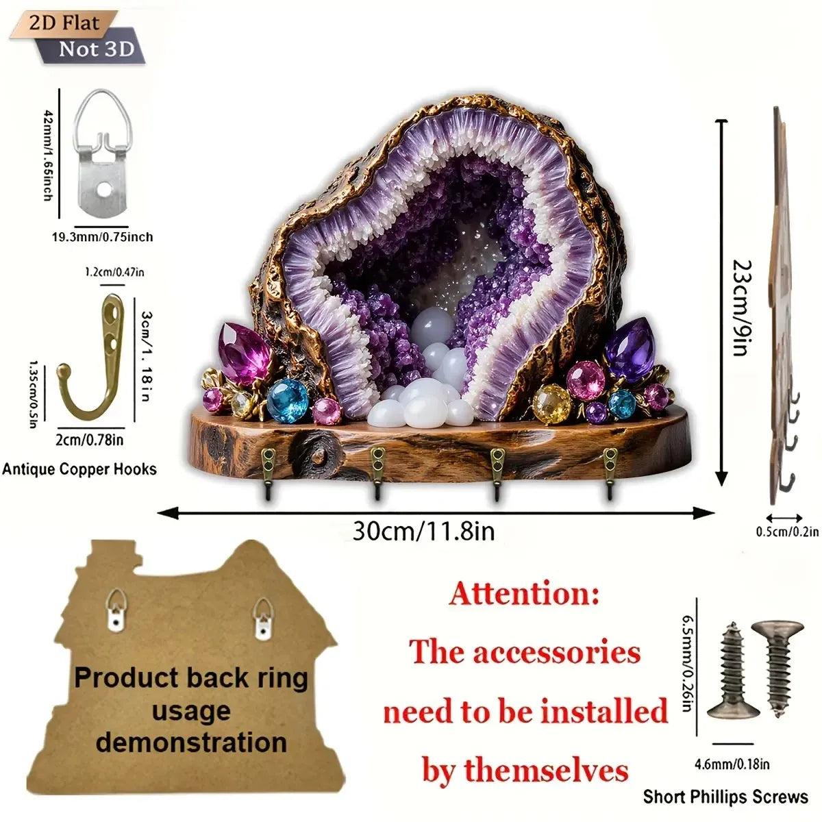 2D Amethyst Gemstone Wicca Wood Key Rack - Healing Crystal Key Holder 4 Metal Hooks for Witch Decor-MoonChildWorld