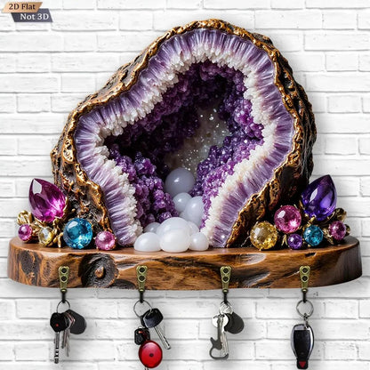 2D Amethyst Gemstone Wicca Wood Key Rack - Healing Crystal Key Holder 4 Metal Hooks for Witch Decor-MoonChildWorld
